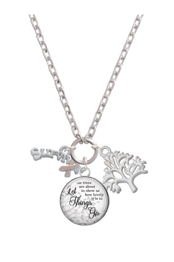 Silvertone Survivor with Pink Ribbon Let Things Go Fall Zoey Charm Necklace, 28"