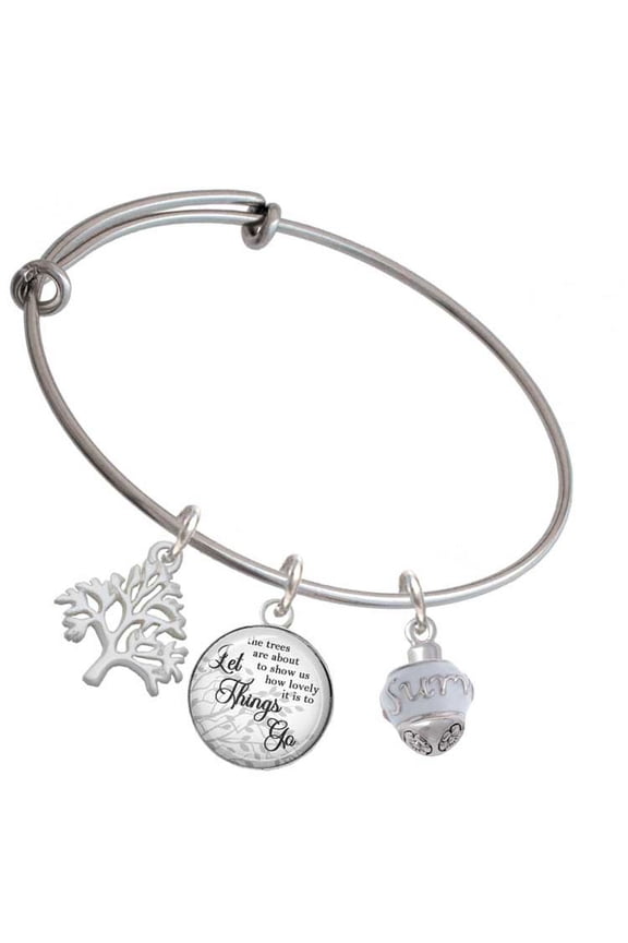 Silvertone Survivor with Pink Ribbon on White Spinners Silvertone Let Things Go Tree Charm Bangle Bracelet