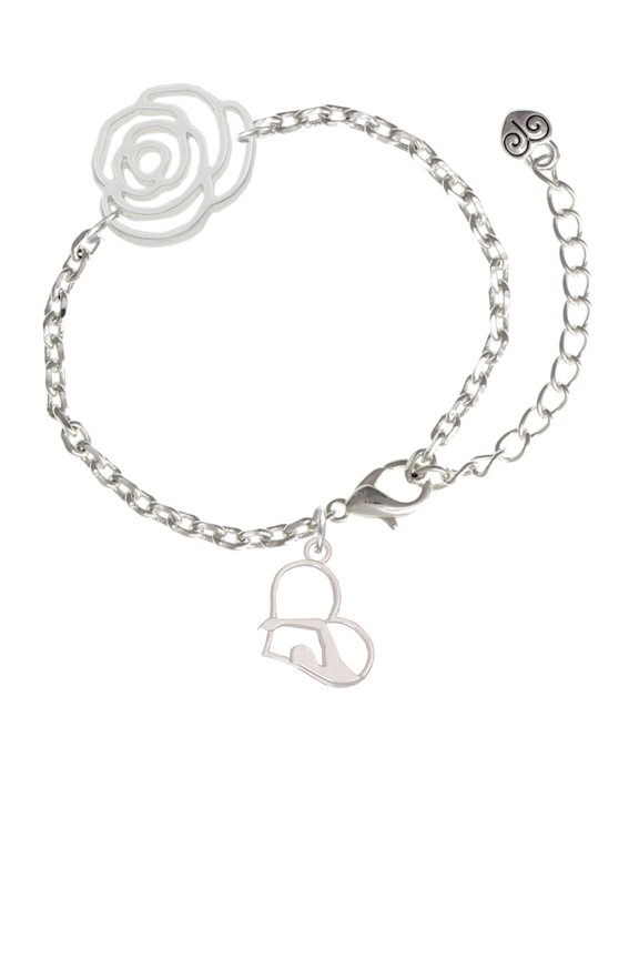 Silvertone Swimmer in Heart Silver-tone Flower Link Chain Bracelet, 6.75"+2" Extender