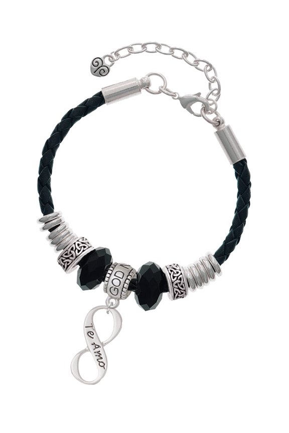 Silvertone Te Amo Infinity Sign Godmother Celtic Knot Leather Bead Bracelet, 7"+2" Extender