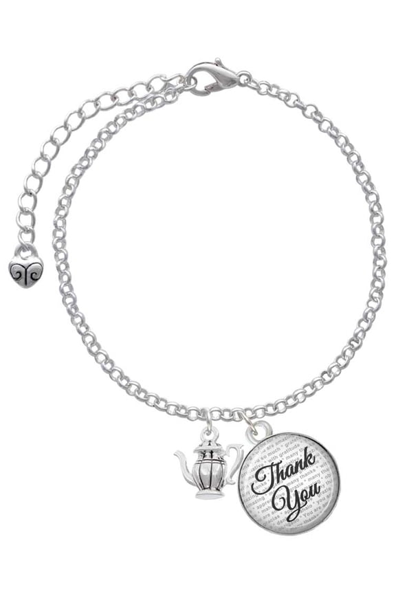 Silvertone Tea Pot - Domed Thank You Charm Bracelet, 6"+2"
