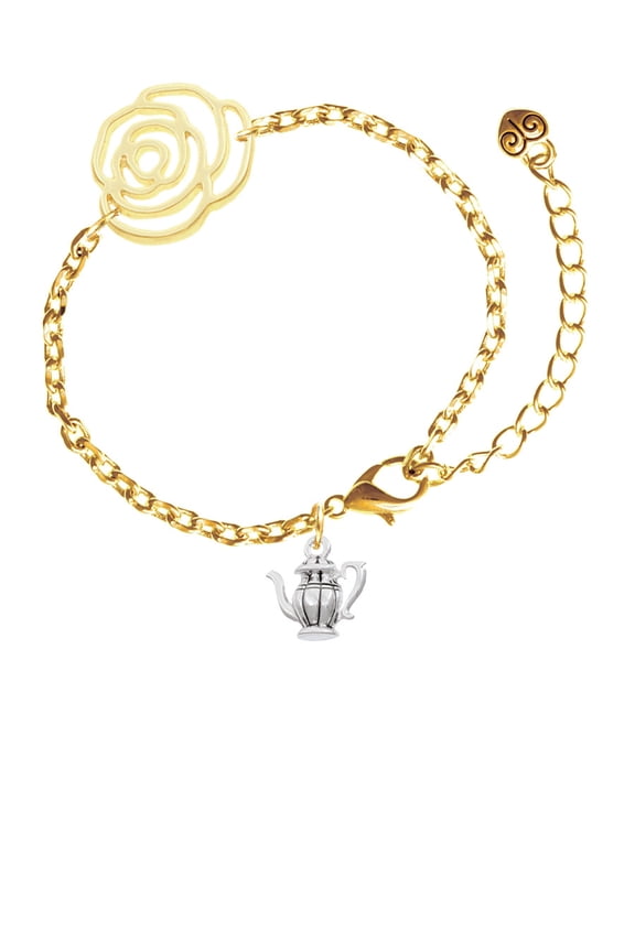 Silvertone Tea Pot Gold-tone Flower Link Chain Bracelet, 6.75"+2" Extender