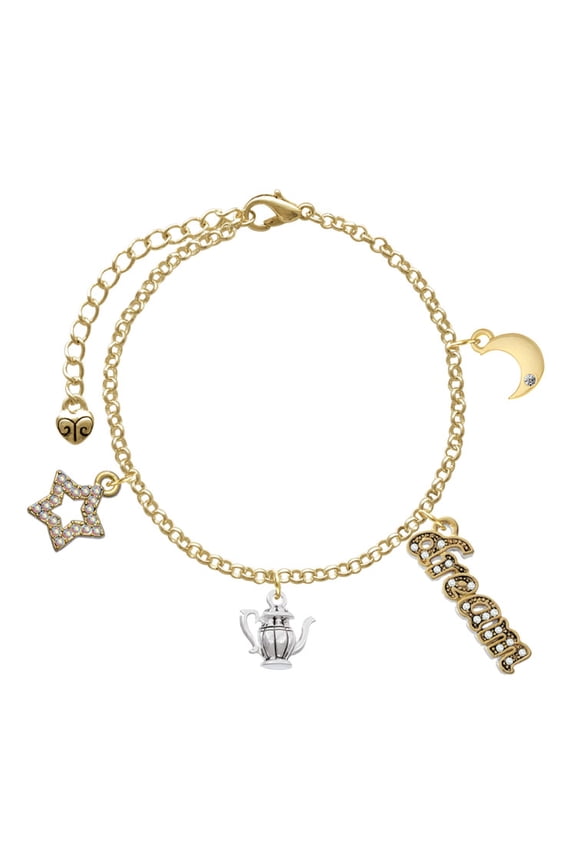 Silvertone Tea Pot Goldtone Dream Big Charm Bracelet, 7.5+2" Extender