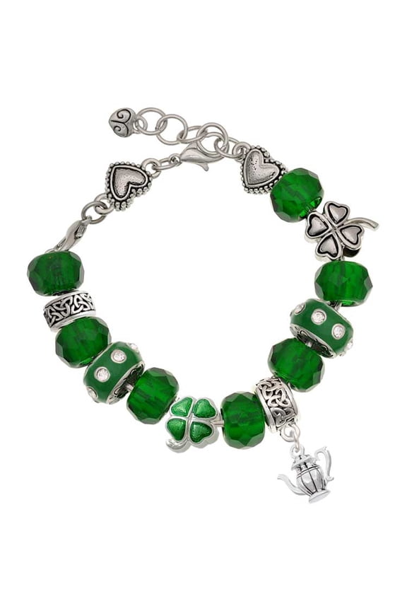 Silvertone Tea Pot - Green Irish Luck Bead Charm Bracelet, 7.5"