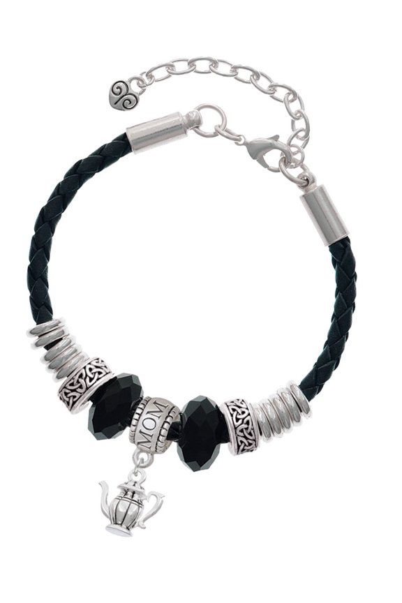 Silvertone Tea Pot Mom Celtic Knot Leather Bead Bracelet, 7"+2" Extender