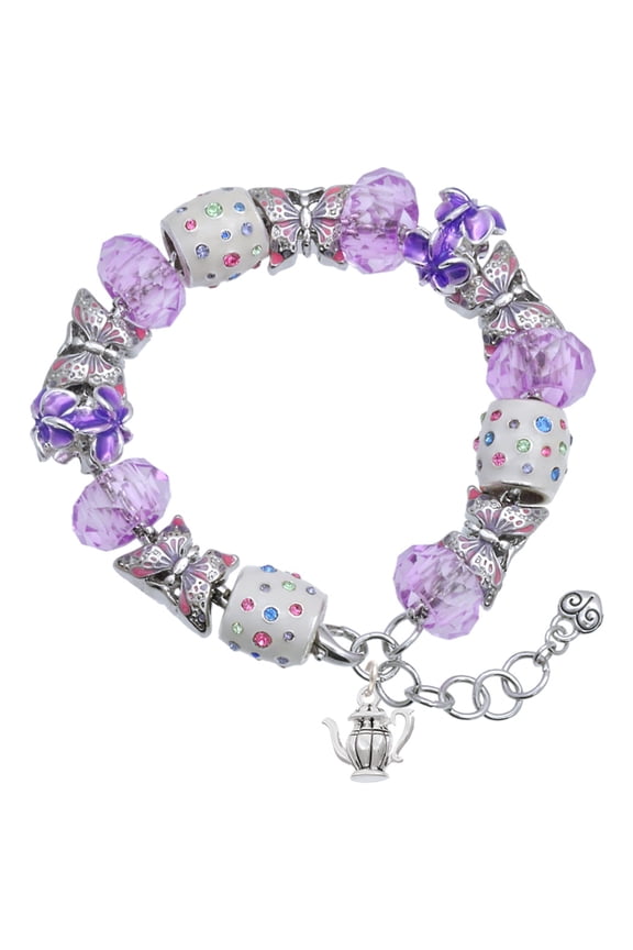 Silvertone Tea Pot Purple Butterfly Bead Charm Bracelet, 7"+1" Extender