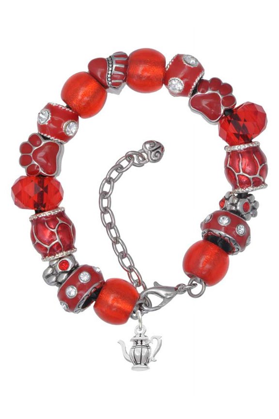 Silvertone Tea Pot Red Paw Print Bead Bracelet, 7"+2"