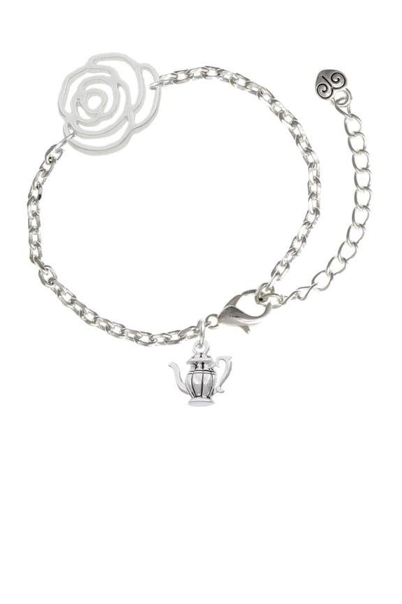 Silvertone Tea Pot Silver-tone Flower Link Chain Bracelet, 6.75"+2" Extender