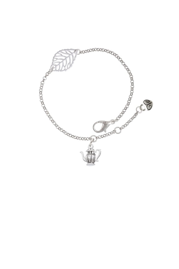 Silvertone Tea Pot - Silvertone Leaf Delicate Bracelet, 6.25+1.75"