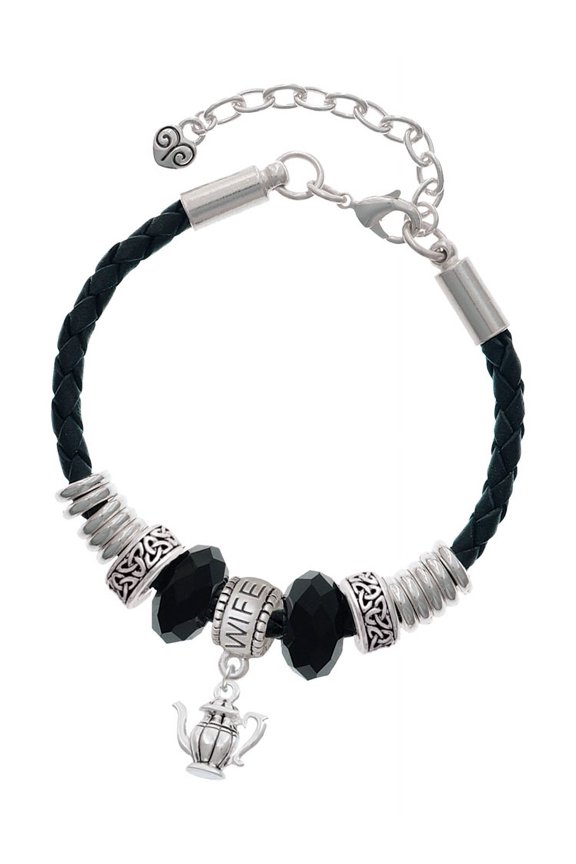 Silvertone Tea Pot Wife Celtic Knot Leather Bead Bracelet, 7"+2" Extender