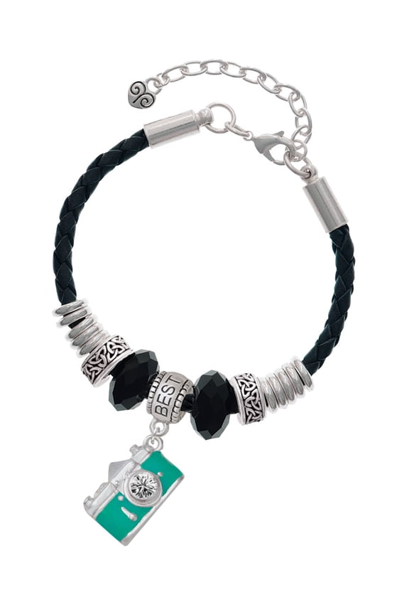 Silvertone Teal Camera Best Friend Celtic Knot Leather Bead Bracelet, 7"+2" Extender