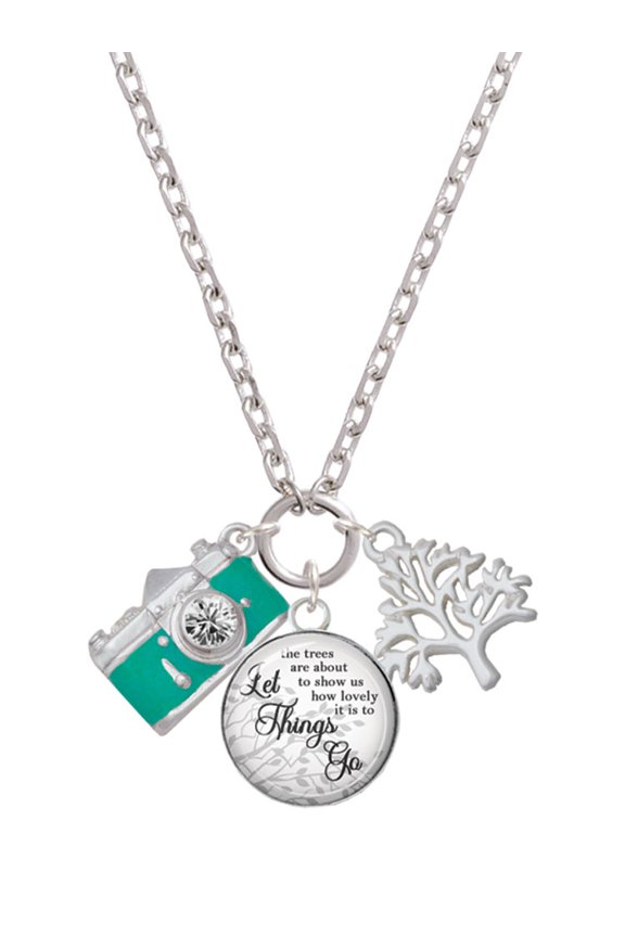 Silvertone Teal Camera Let Things Go Fall Zoey Charm Necklace, 28"