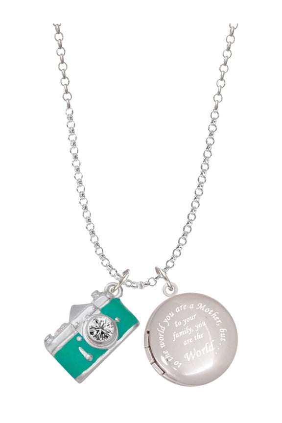 Silvertone Teal Camera To the World You are a Mother Locket Necklace