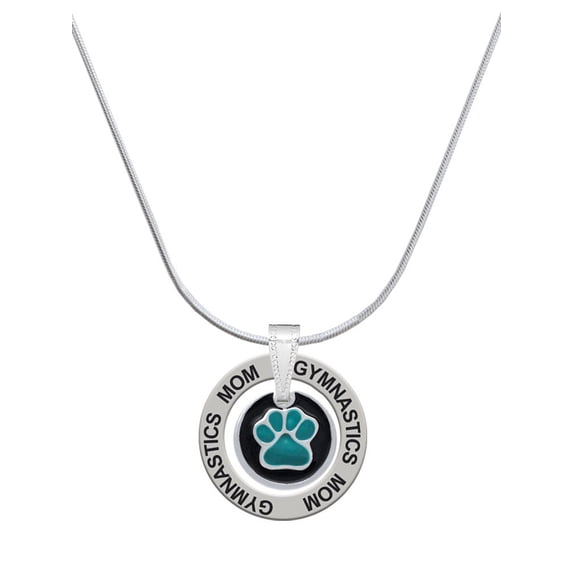 Delight Jewelry Silvertone Teal Paw on Black Disc Gymnastics Mom Ring Charm Necklace, 18"