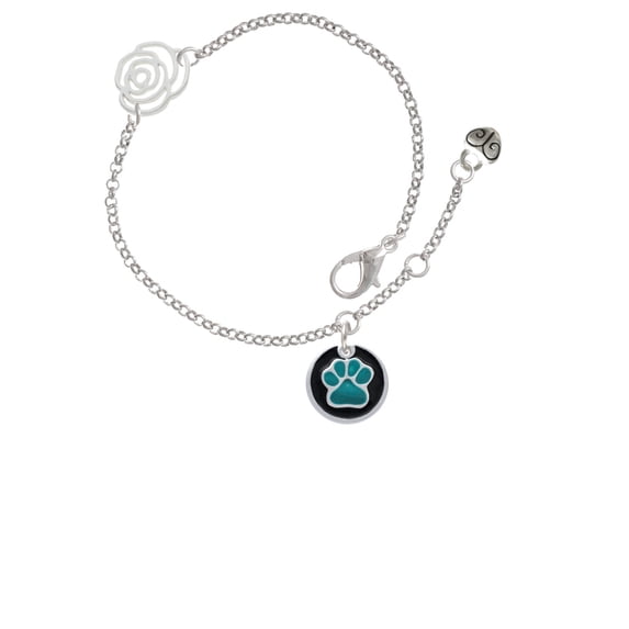 Delight Jewelry Silvertone Teal Paw on Black Disc Silver-tone Rose Link Chain Bracelet, 6.25"+1.75" Extender