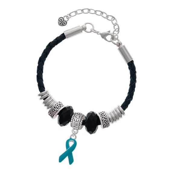 Delight Jewelry Silvertone Teal Ribbon Niece Celtic Knot Leather Bead Bracelet, 7"+2" Extender