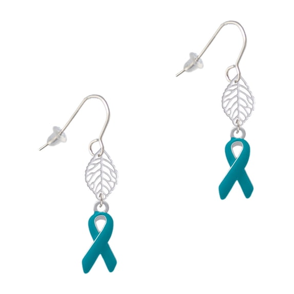 Delight Jewelry Silvertone Teal Ribbon Silvertone Leaf French Earrings