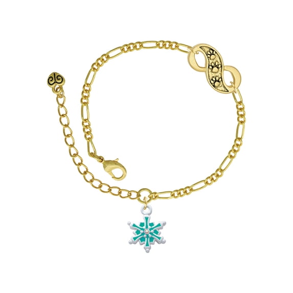 Delight Jewelry Silvertone Teal Snowflake with Clear Crystal Gold-tone Paw Infinity Link Chain Bracelet, 6"+2" Extender