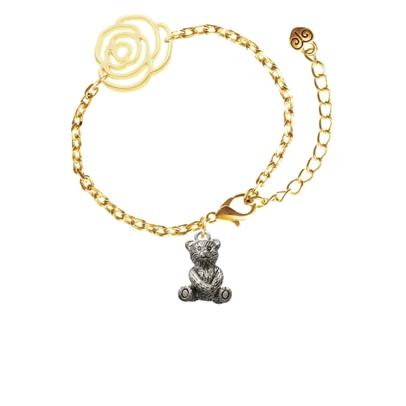 Delight Jewelry Silvertone Teddy Bear Gold-tone Flower Link Chain Bracelet, 6.75"+2" Extender