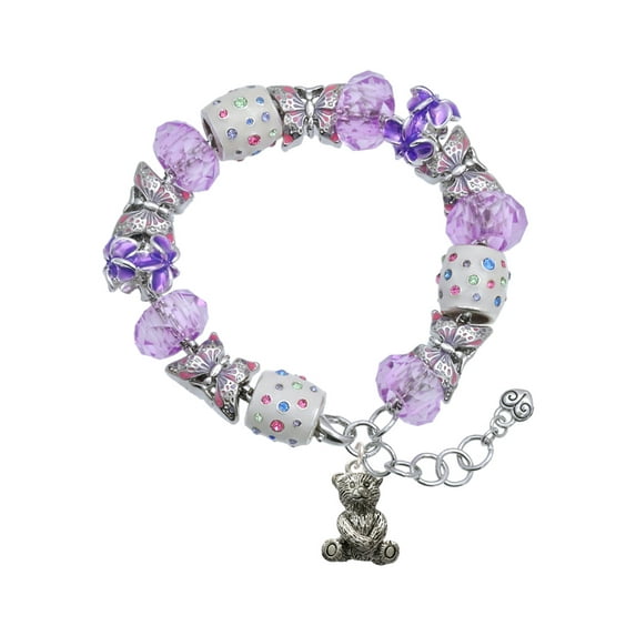 Delight Jewelry Silvertone Teddy Bear Purple Butterfly Bead Charm Bracelet, 7"+1" Extender