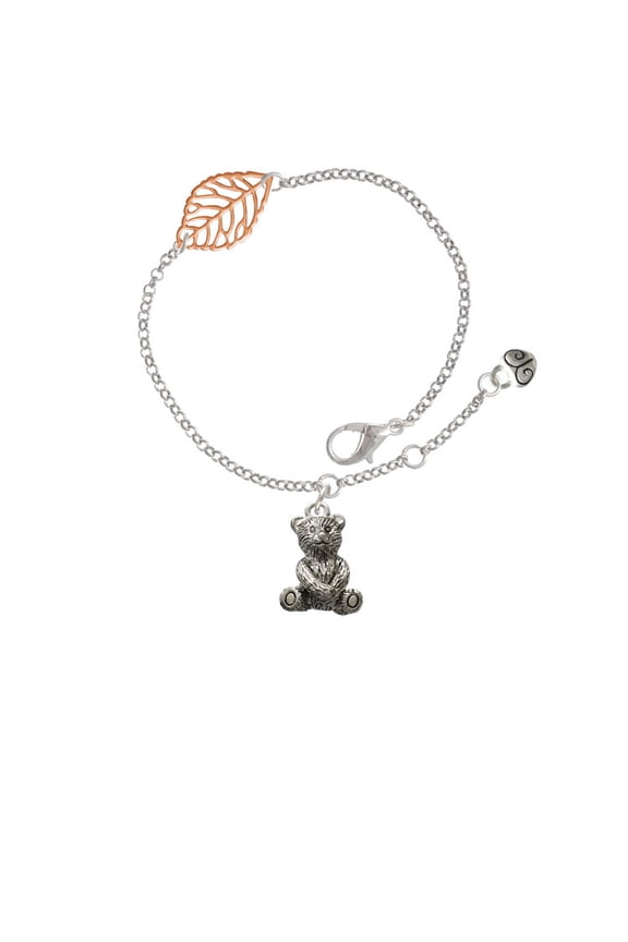 Silvertone Teddy Bear - Rose Goldtone Leaf Delicate Bracelet, 6.25+1.75"