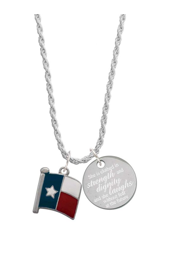 Silvertone Texas Flag - Lone Star She is Clothed in Stength and Dignity Charm Necklace, 20"+3"