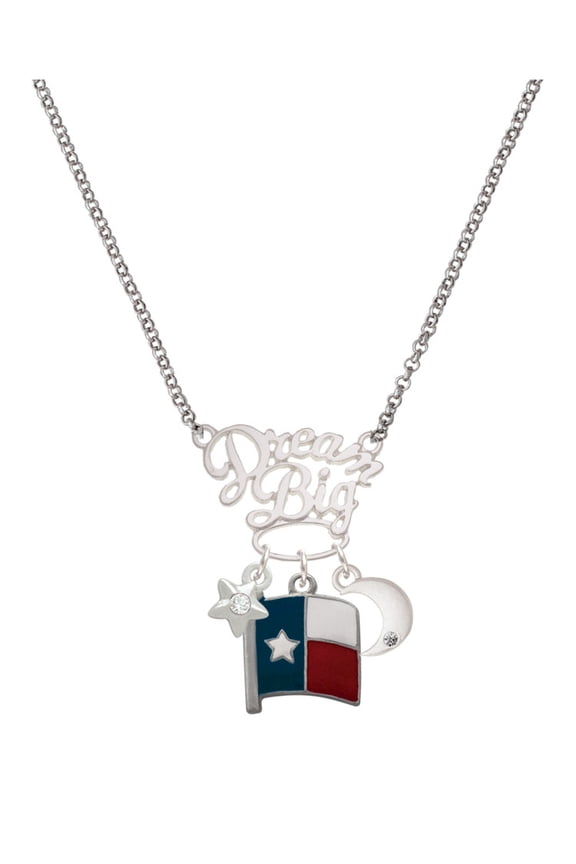 Silvertone Texas Flag - Lone Star Silvertone Dream Big Pendant Necklace, 25"