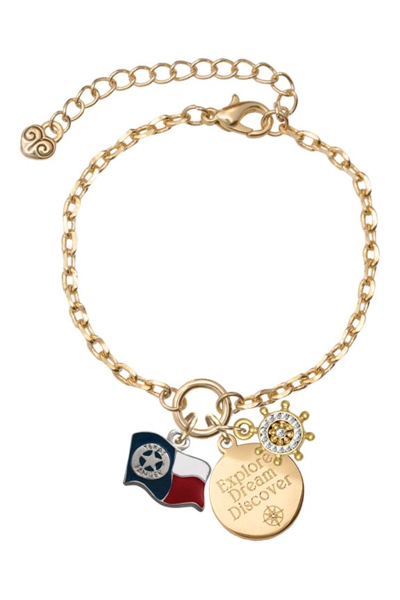 Silvertone Texas Flag - Ranger Goldtone Discover Dream Explore Zoey Charm Bracelet, 6.5+2" Extender