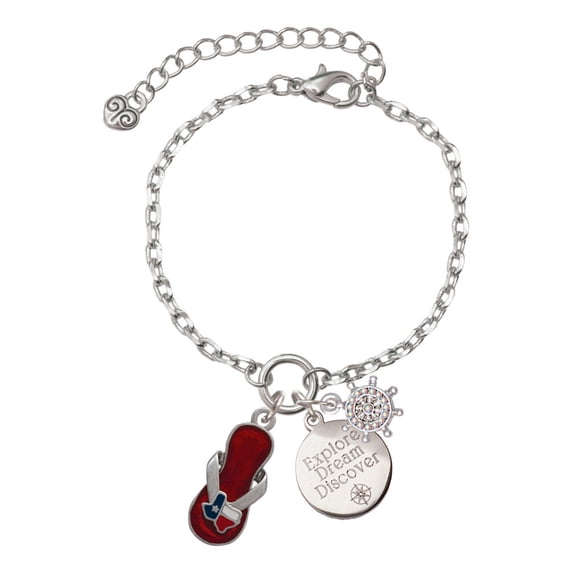 Delight Jewelry Silvertone Texas Flip Flop Silvertone Discover Dream Explore Zoey Charm Bracelet, 6.5+2" Extender
