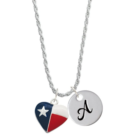 Delight Jewelry Silvertone Texas Lone Star Heart Silvertone Script Initial Disc - A - Charm Necklace, 20"+3"