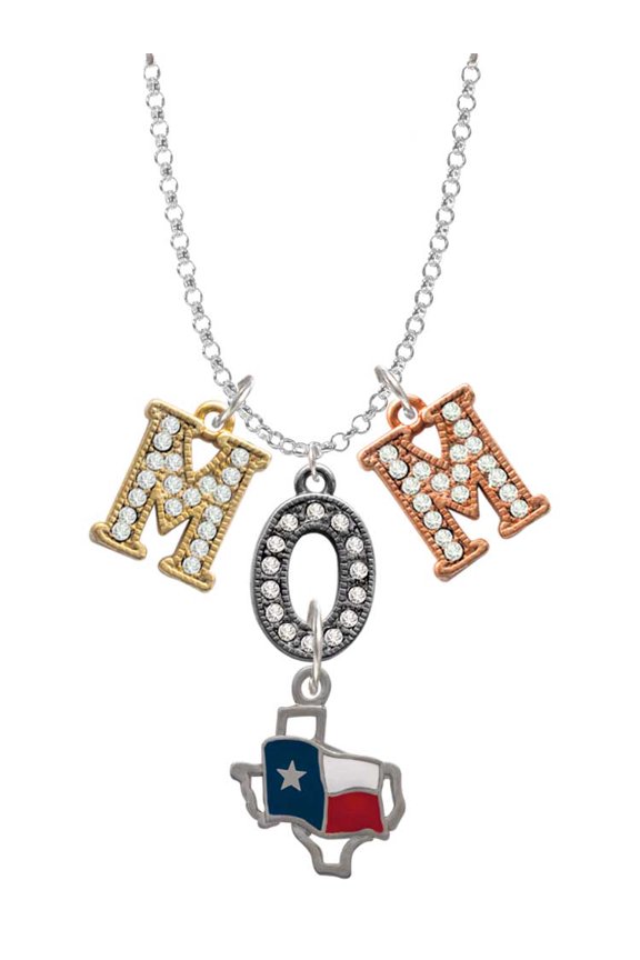 Silvertone Texas Outline with Flag Multi-Colored Crystal Mom Charm Necklace