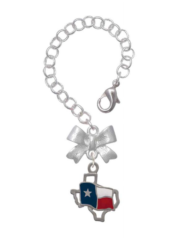 Silvertone Texas Outline with Flag - Silvertone Bow Charm Accessory for Tumblers and Thermal Cups