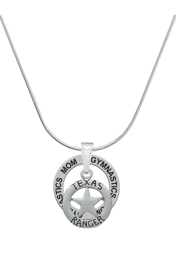 Silvertone Texas Ranger Badge Gymnastics Mom Ring Charm Necklace, 18"