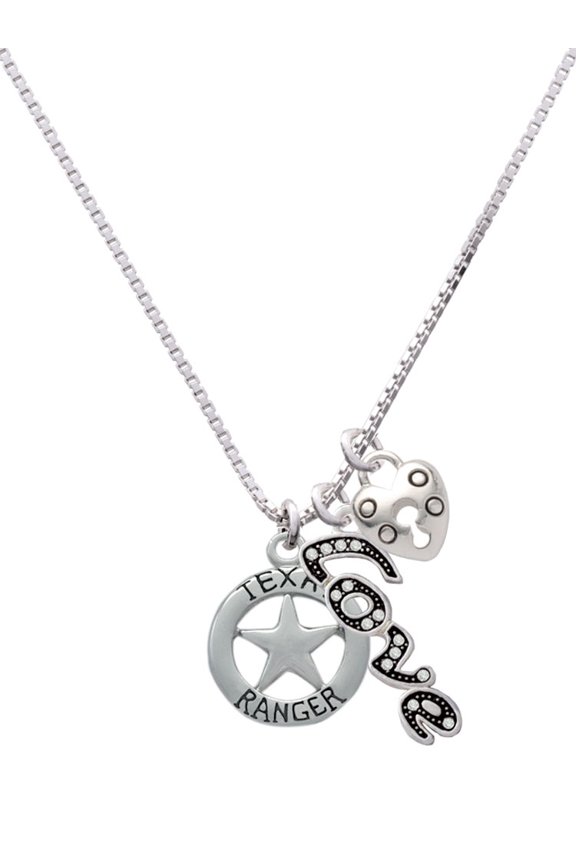 Silvertone Texas Ranger Badge - Love and Lock Charm Necklace, 18"+1"