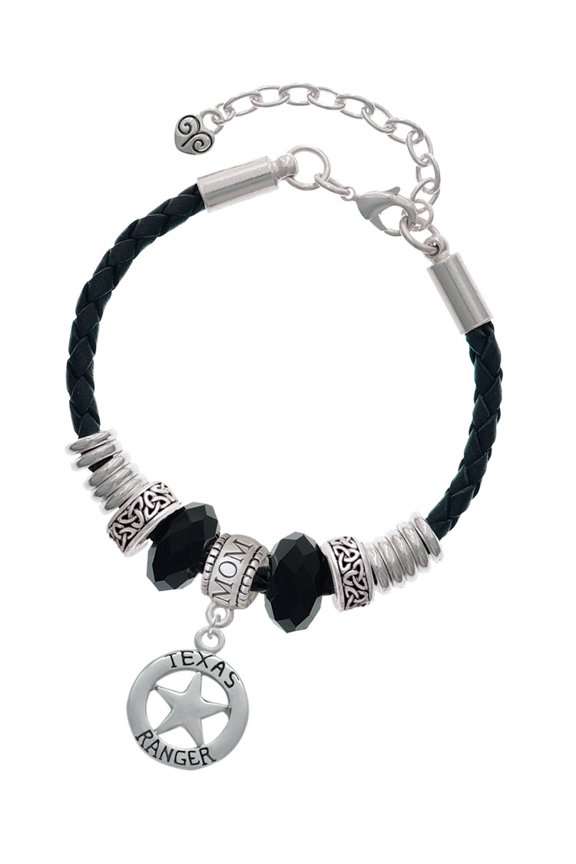 Silvertone Texas Ranger Badge Mom Celtic Knot Leather Bead Bracelet, 7"+2" Extender