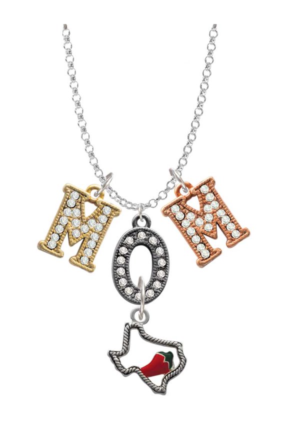 Silvertone Texas with Jalapeno - Multi-Colored Crystal Mom Charm Necklace.