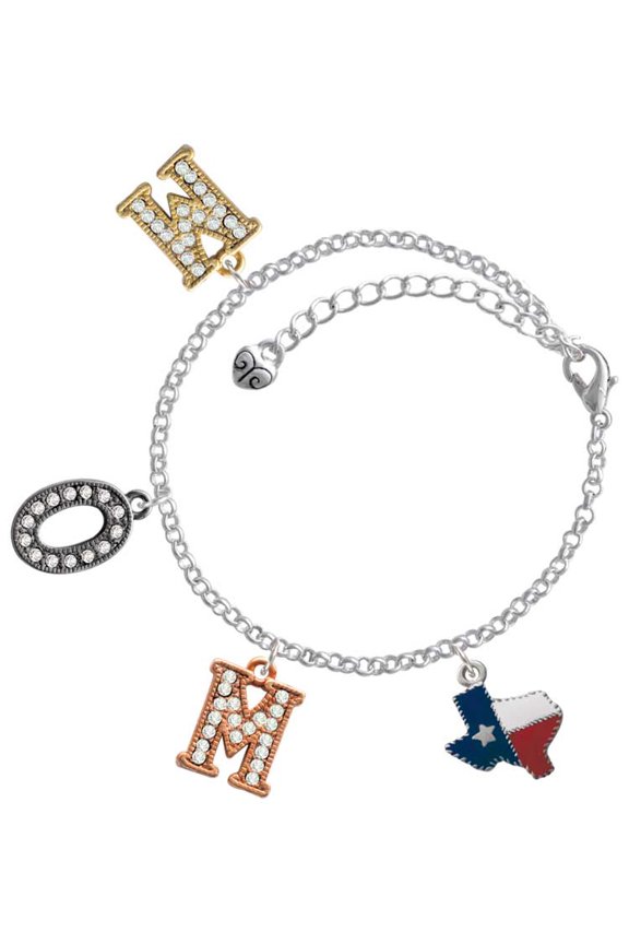 Silvertone Texas with Rope Border Multi-Colored Crystal Mom Charm Bracelet