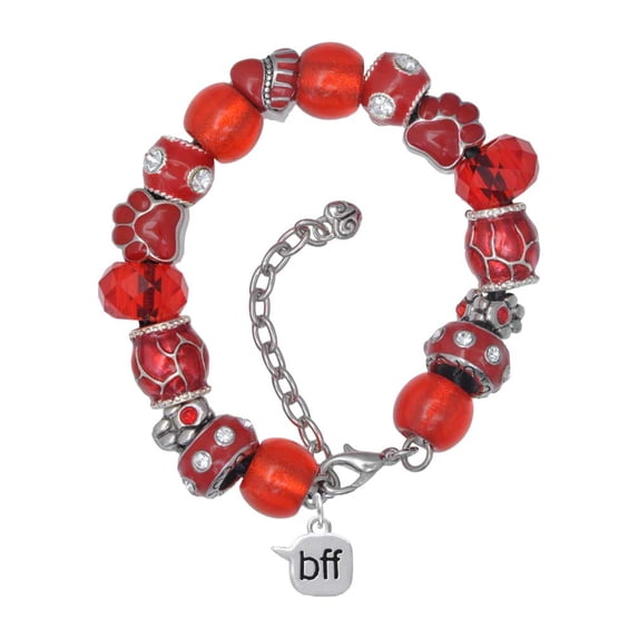 Delight Jewelry Silvertone Text Chat - bff - Best Friends Forever - Red Paw Print Bead Bracelet, 7"+2"