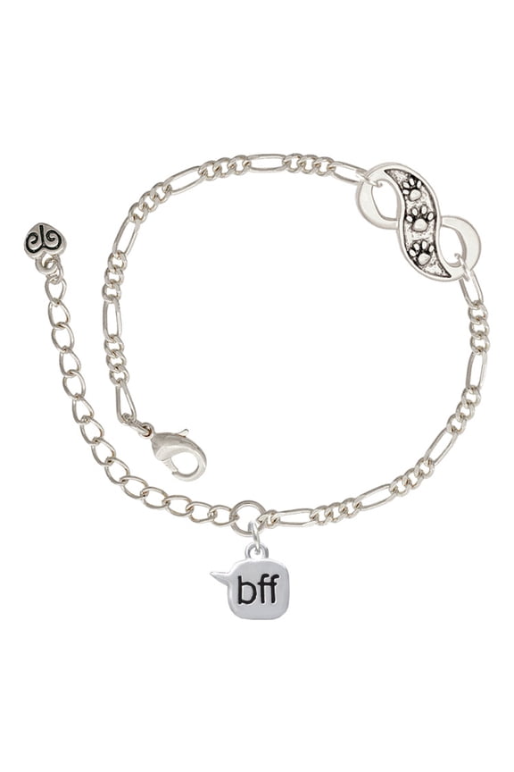 Silvertone Text Chat - bff - Best Friends Forever - Silver-tone Paw Infinity Link Chain Bracelet, 6"+2" Extender