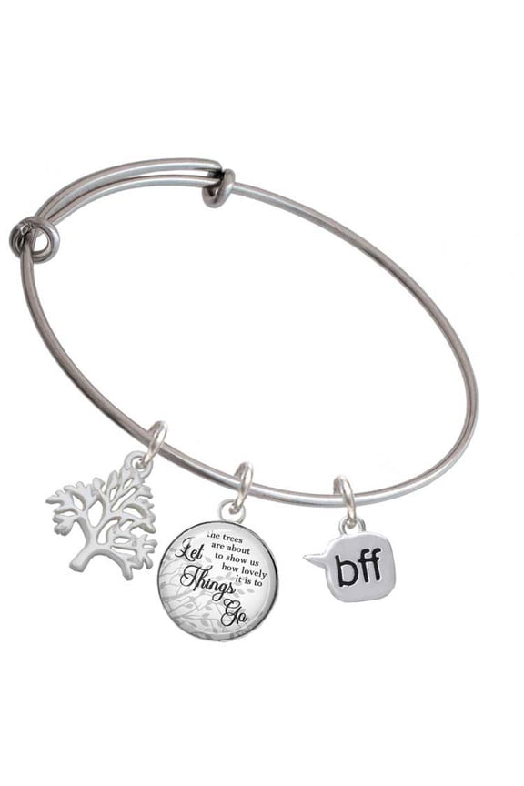 Silvertone Text Chat - bff - Best Friends Forever - Silvertone Let Things Go Tree Charm Bangle Bracelet