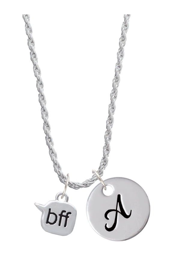 Silvertone Text Chat - bff - Best Friends Forever - Silvertone Script Initial Disc - A - Charm Necklace, 20"+3"