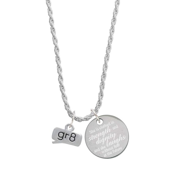 Delight Jewelry Silvertone Text Chat - gr8 - Great - She is Clothed in Stength and Dignity Charm Necklace, 20"+3"