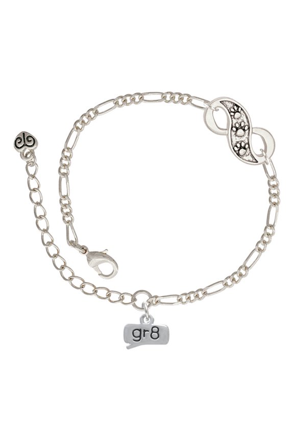 Silvertone Text Chat - gr8 - Great - Silver-tone Paw Infinity Link Chain Bracelet, 6"+2" Extender