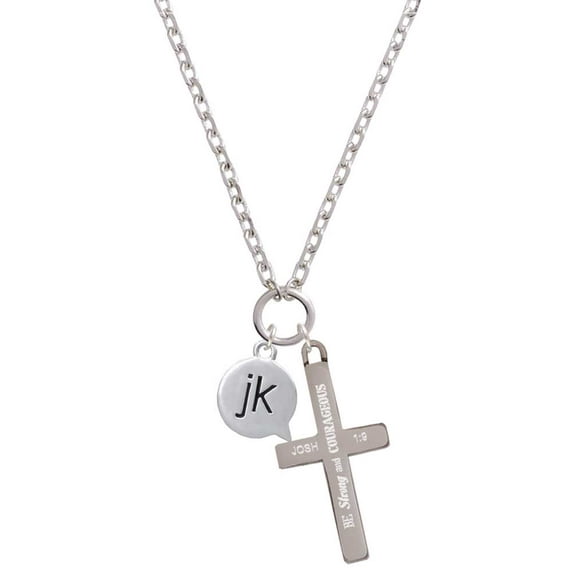 Delight Jewelry Silvertone Text Chat - jk - Just Kidding - Be Strong and Courageous Engraved Cross Zoey Necklace, 28"
