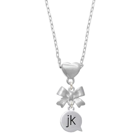 Delight Jewelry Silvertone Text Chat - jk - Just Kidding - Silver tone Bow Heart Necklace