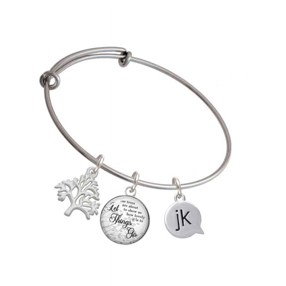Delight Jewelry Silvertone Text Chat - jk - Just Kidding - Silvertone Let Things Go Tree Charm Bangle Bracelet