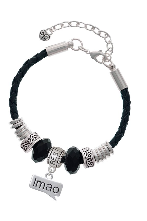 Silvertone Text Chat - lmao - Laughing My A** Off - Best Friend Celtic Knot Leather Bead Bracelet, 7"+2" Extender