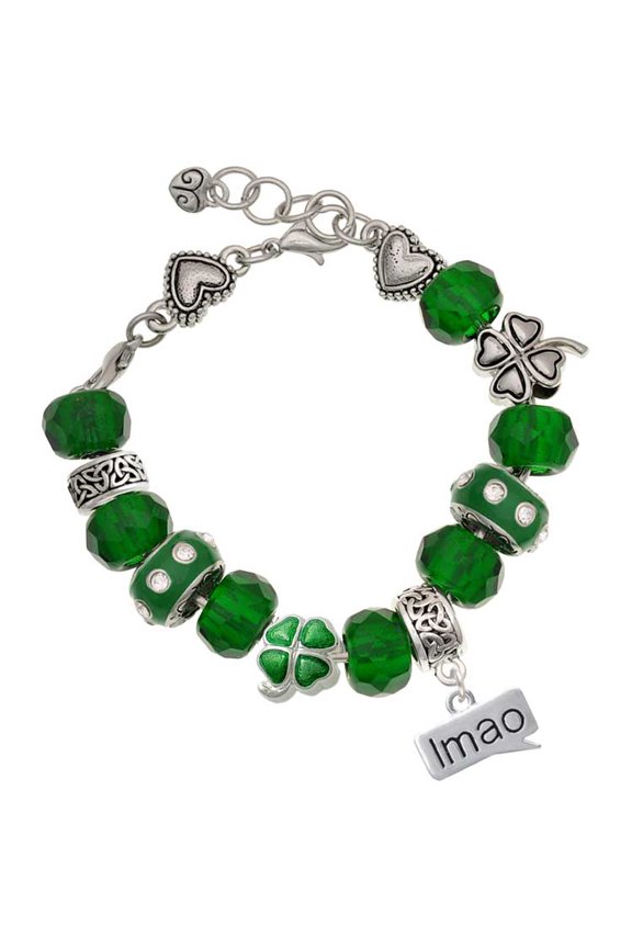 Silvertone Text Chat - lmao - Laughing My A** Off - Green Irish Luck Bead Charm Bracelet, 7.5"
