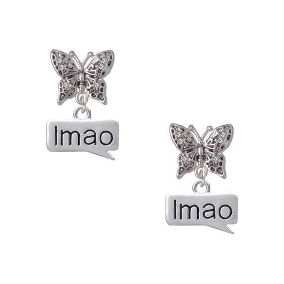 Delight Jewelry Silvertone Text Chat - lmao - Laughing My A** Off - Silvertone Antiqued Butterfly Post Earrings