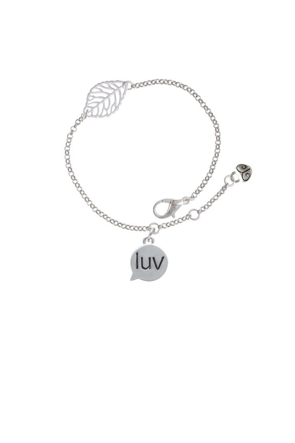 Silvertone Text Chat - luv - Love - - Silvertone Leaf Delicate Bracelet, 6.25+1.75"